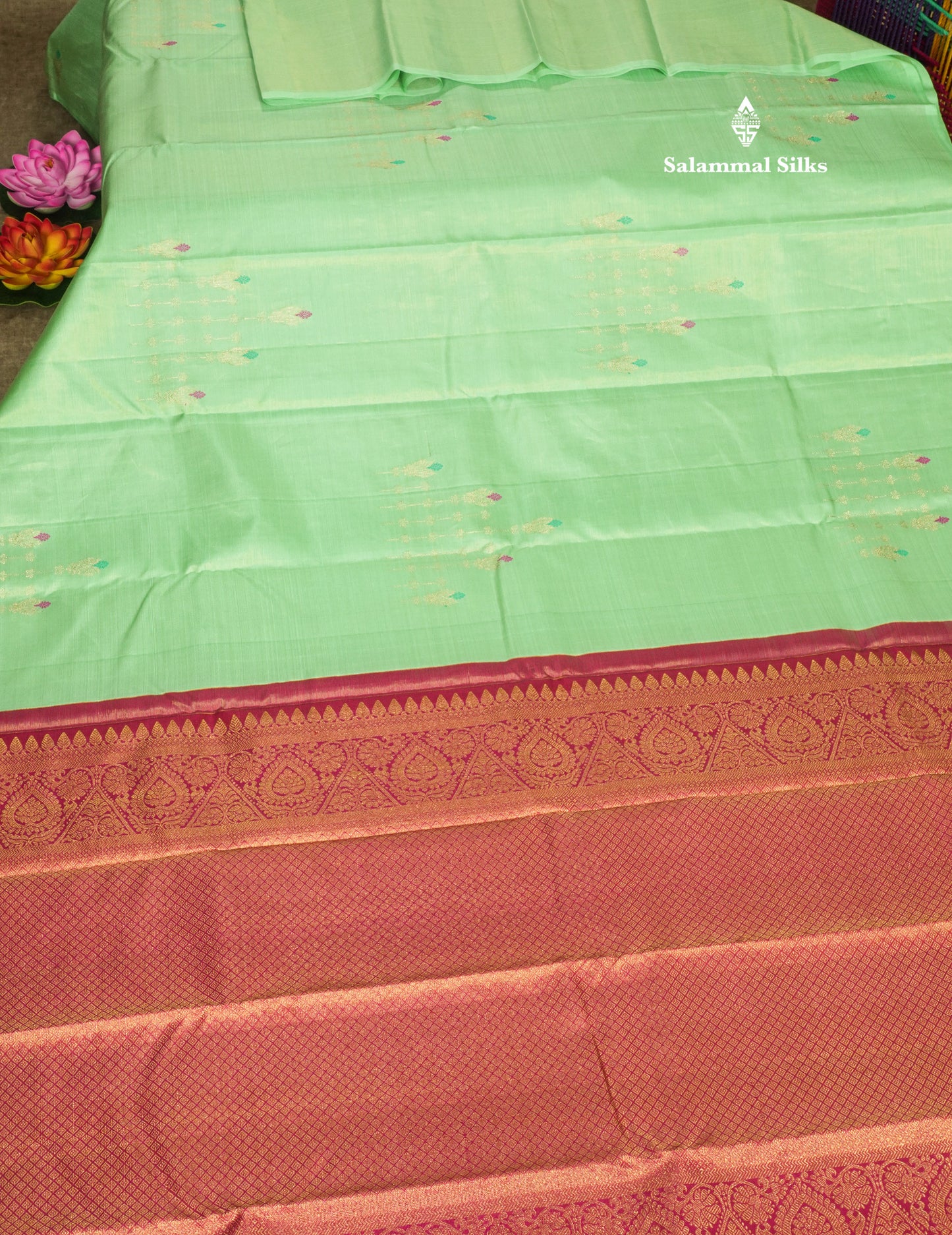 Beautiful Pink Fancy Vairaoosi Pure Kanjivaram Silk Saree with Contrast Rexona Green Blouse
