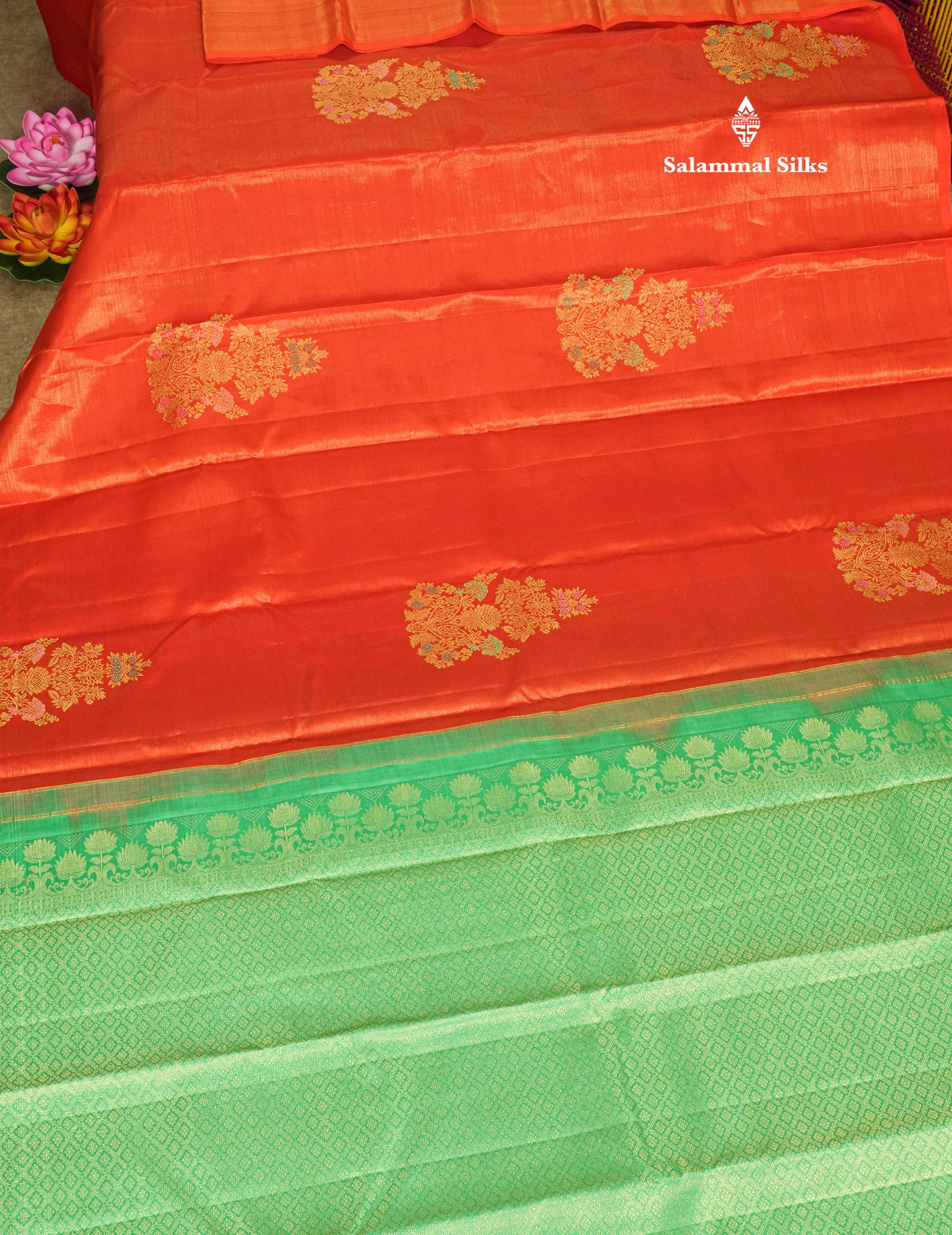 Orange Fancy Vairaoosi Pure Kanjivaram Silk Saree with Contrast Rexona Green Blouse