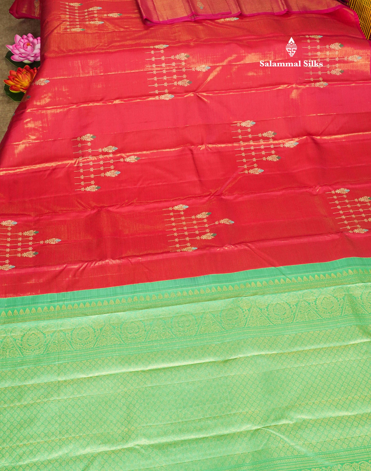 Beautiful Pink Fancy Vairaoosi Pure Kanjivaram Silk Saree with Contrast Rexona Green Blouse