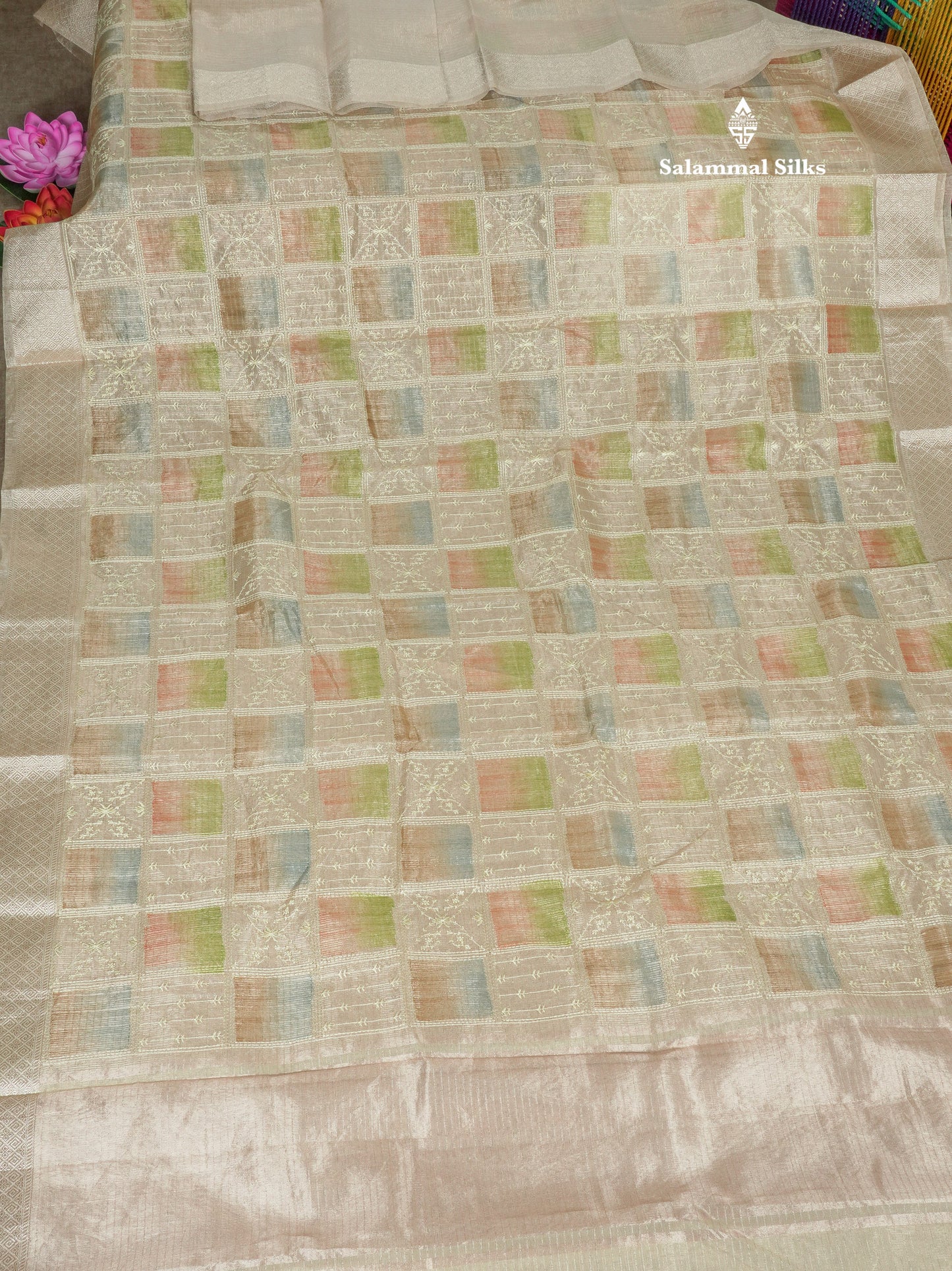 Baby Pink Fancy Tissue Kota Saree With Zari Lines Blouse