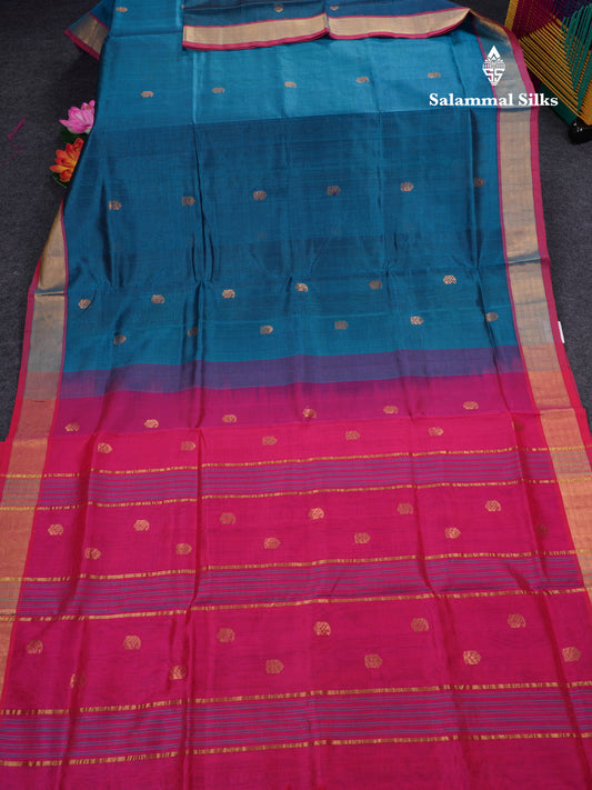 Ramar Blue Pure Silk Cotton Saree With Contrast Pink Blouse