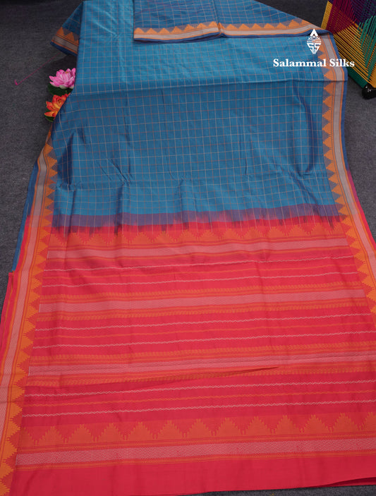 Ramar Blue Semi Silk Cotton Saree With Thread Work Traditional Temple Border