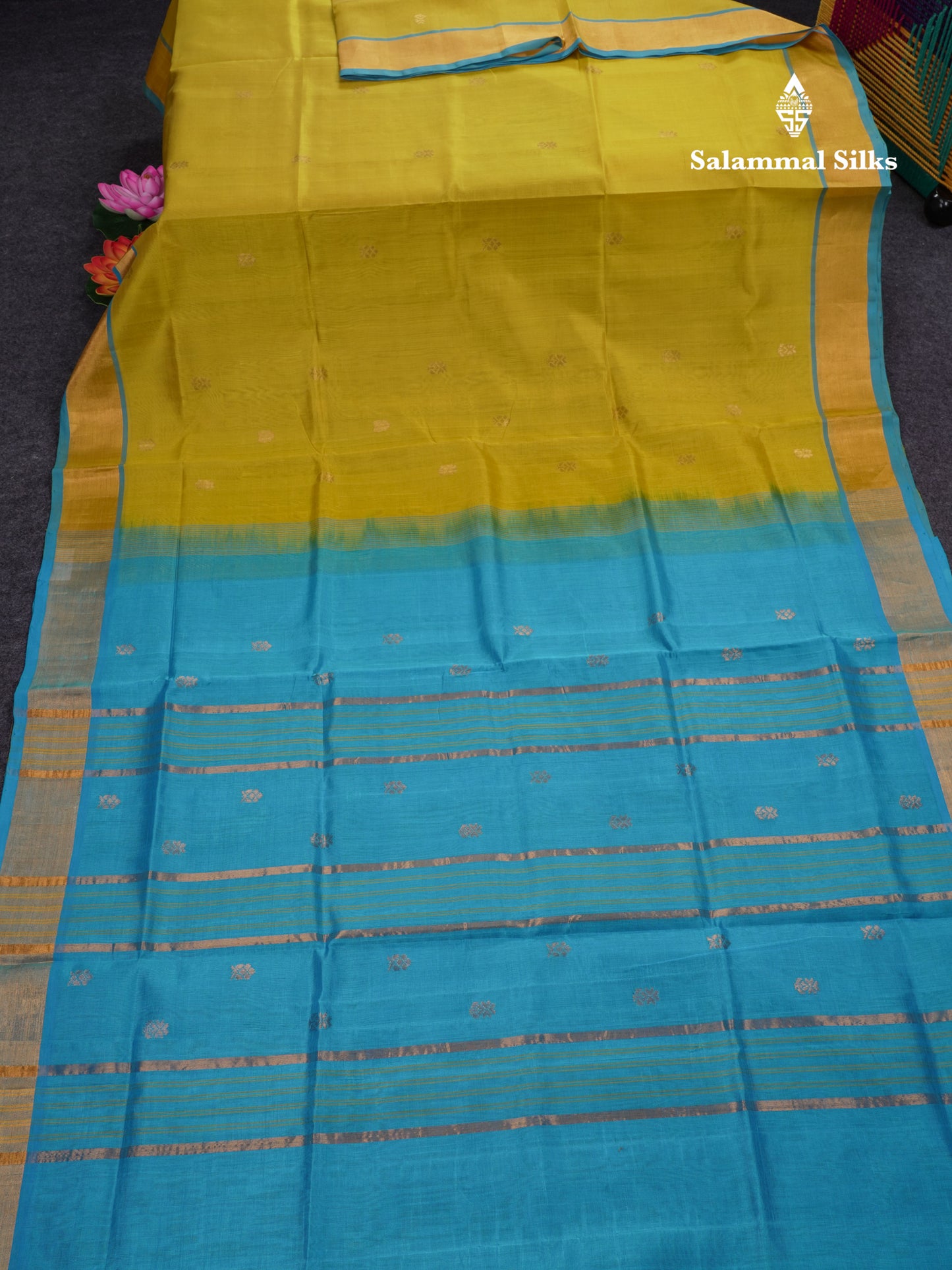 Ramar Blue Pure Silk Cotton Saree With Contrast Pink Blouse