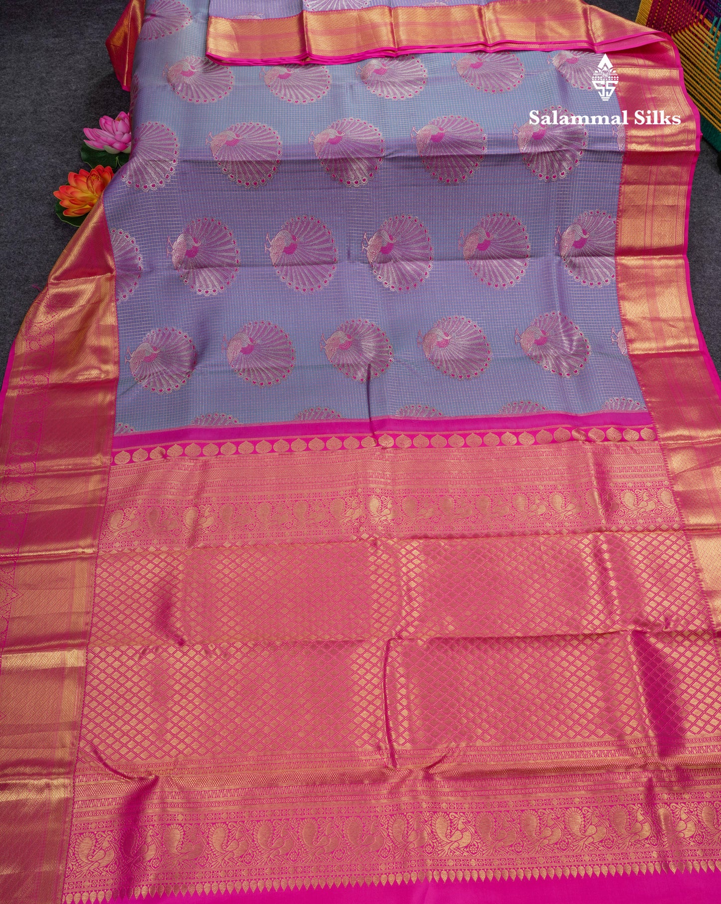 Dual Tone Blue Shade Bridal Pure Kanjivaram Silk Saree With Contrast Magenta Pink Border