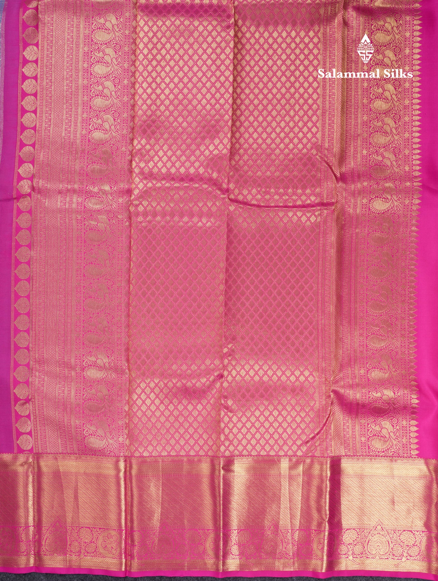 Dual Tone Blue Shade Bridal Pure Kanjivaram Silk Saree With Contrast Magenta Pink Border