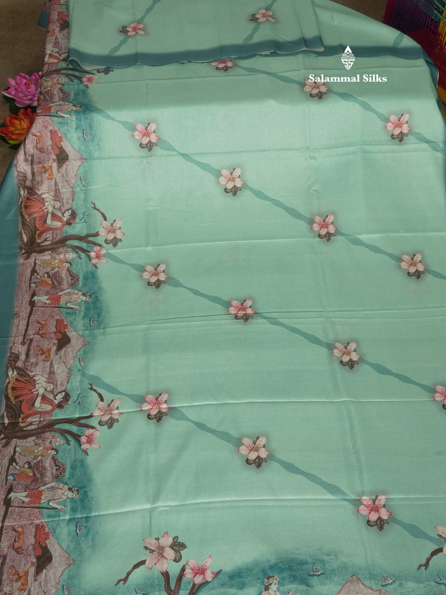 Sandal Printed Semi Tussar Saree With Village Theme Border