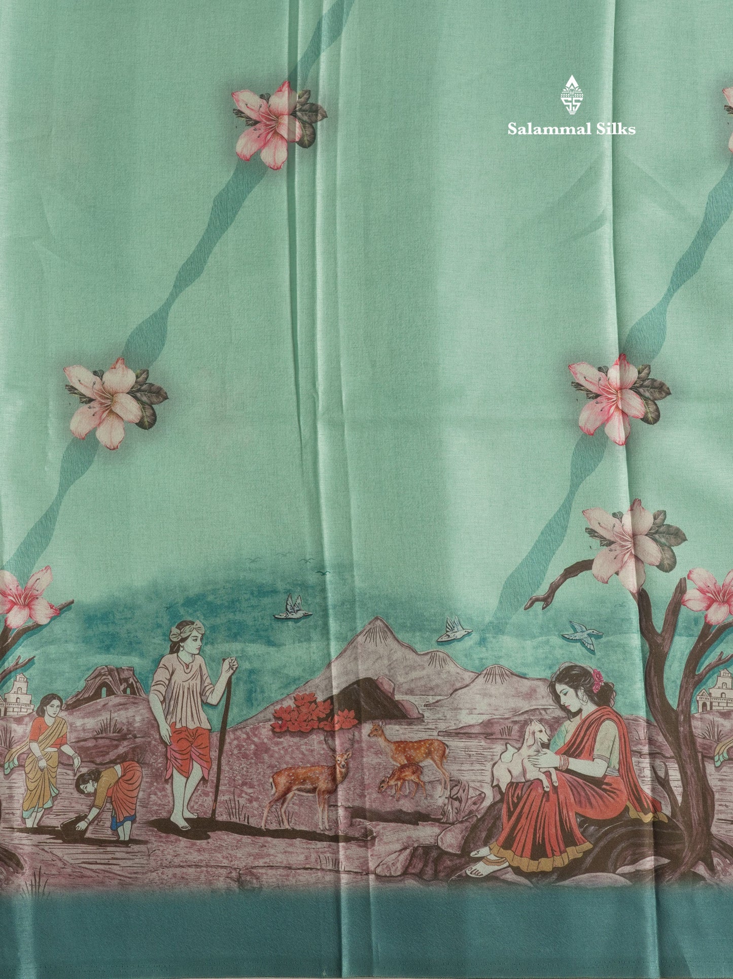 Sandal Printed Semi Tussar Saree With Village Theme Border