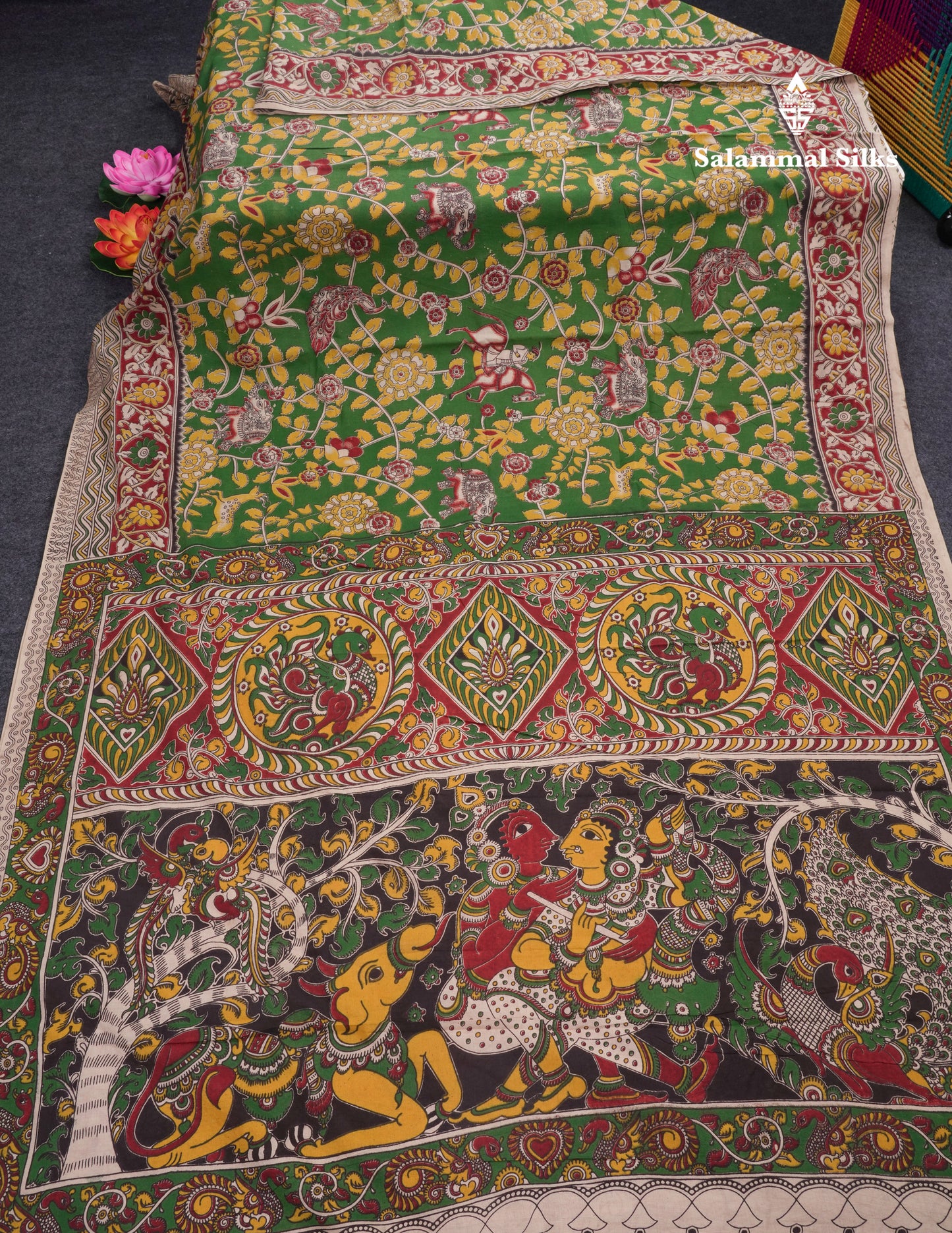 Green Pure Cotton Saree Kalamkari Design With Contrast Half White Blouse