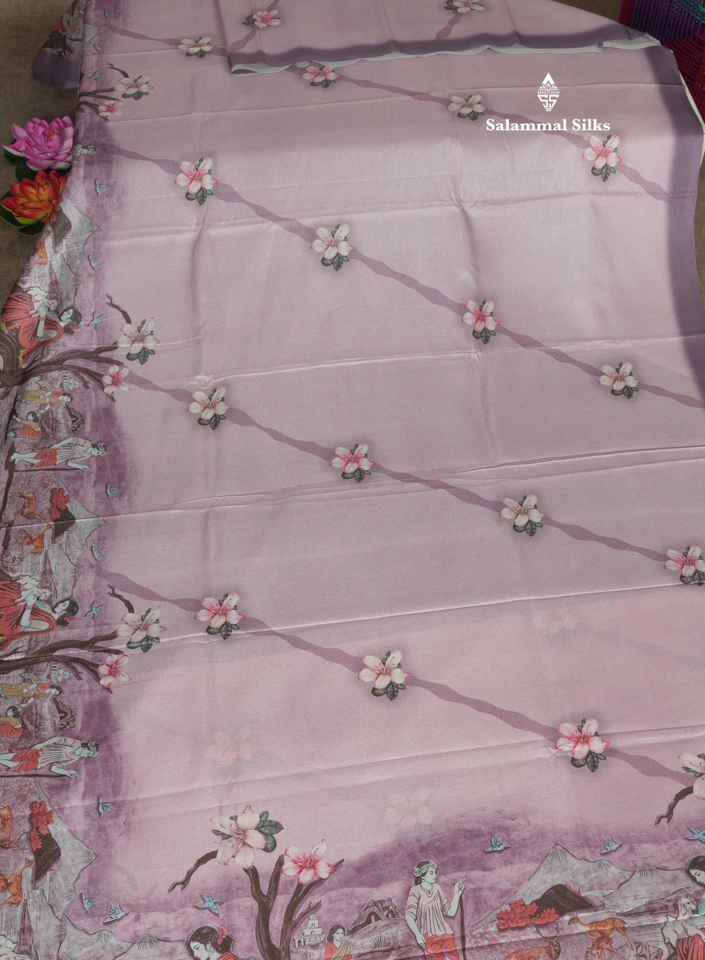 Sandal Printed Semi Tussar Saree With Village Theme Border