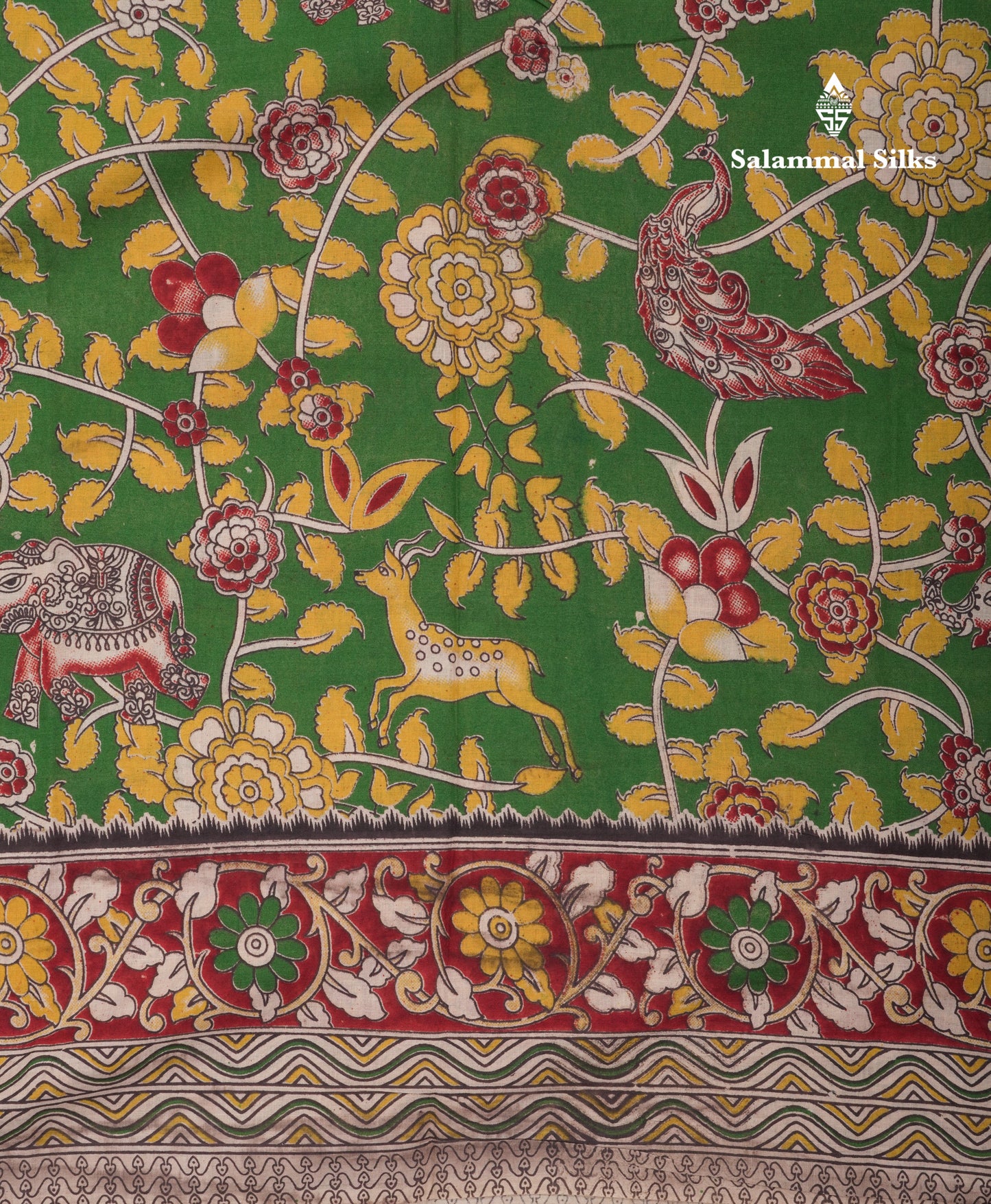 Green Pure Cotton Saree Kalamkari Design With Contrast Half White Blouse