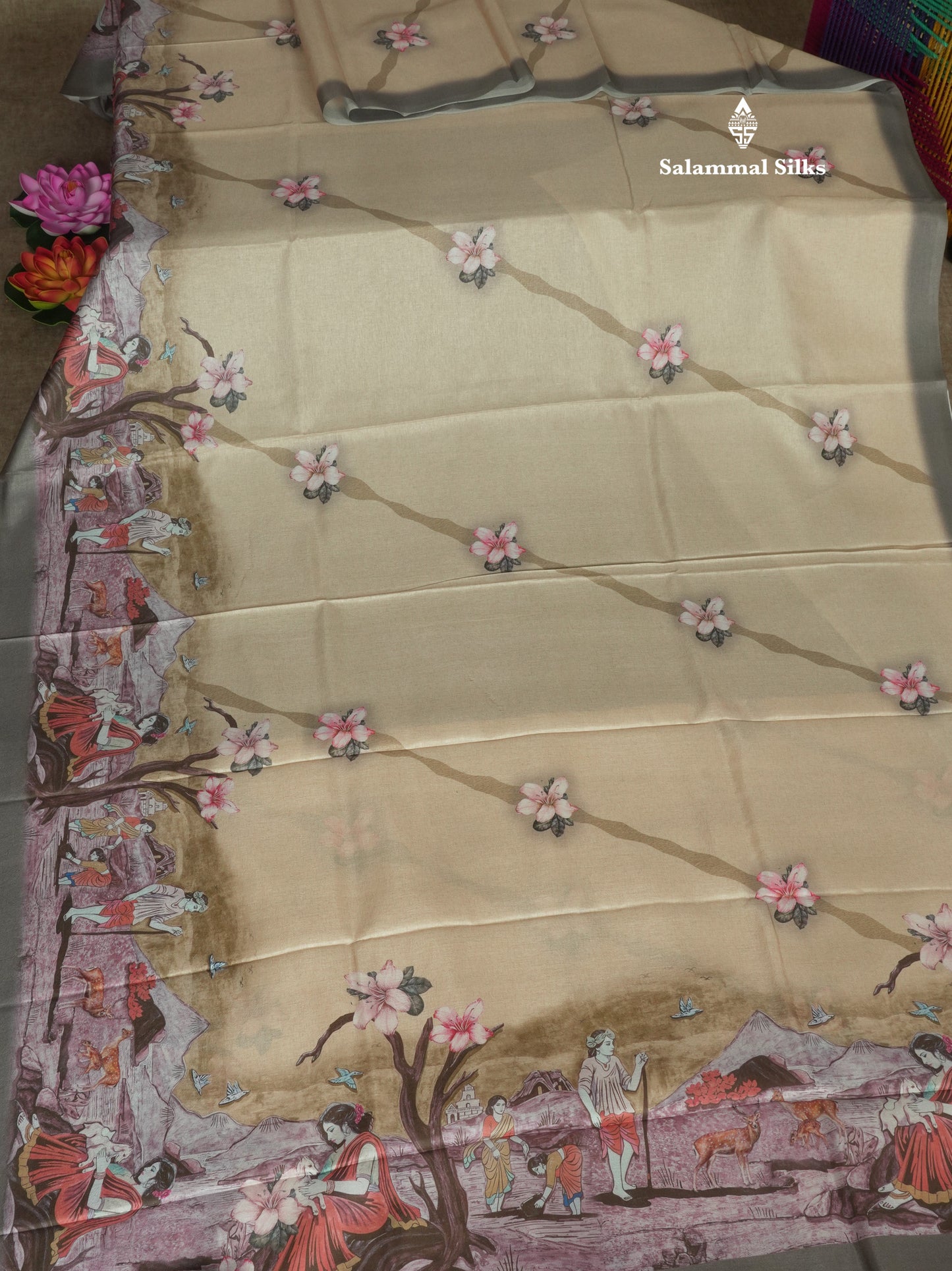 Sandal Printed Semi Tussar Saree With Village Theme Border