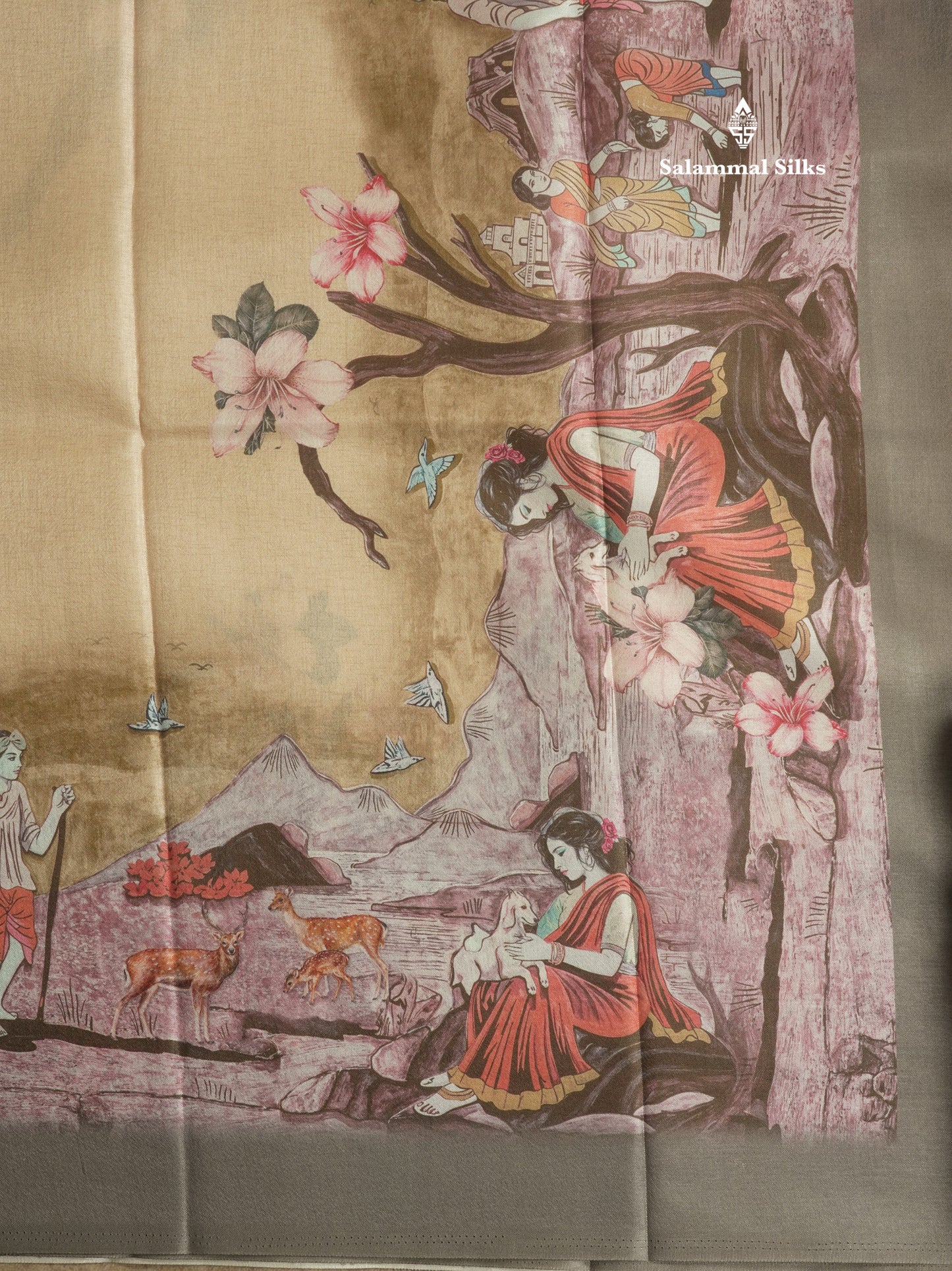 Sandal Printed Semi Tussar Saree With Village Theme Border