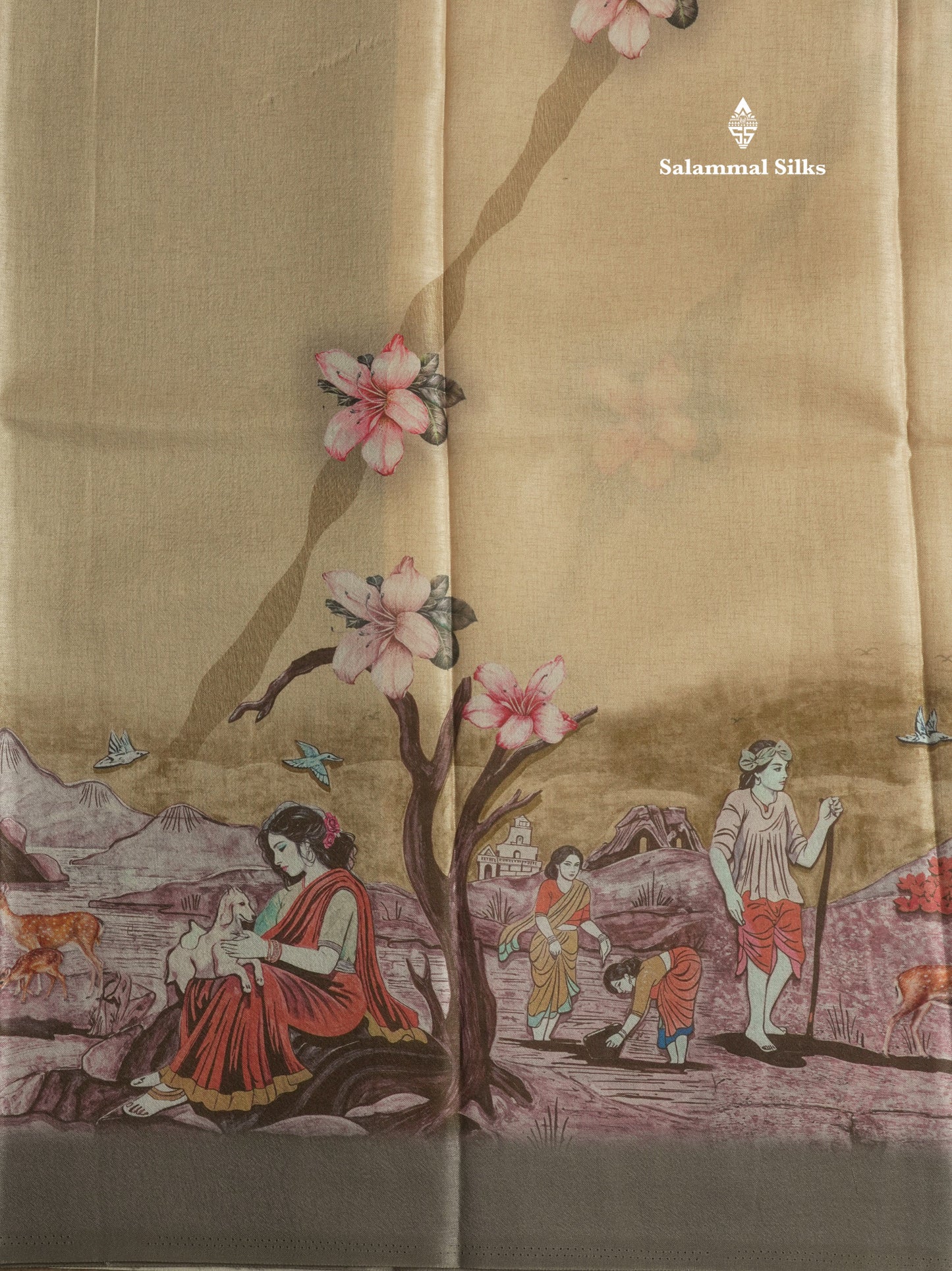 Sandal Printed Semi Tussar Saree With Village Theme Border