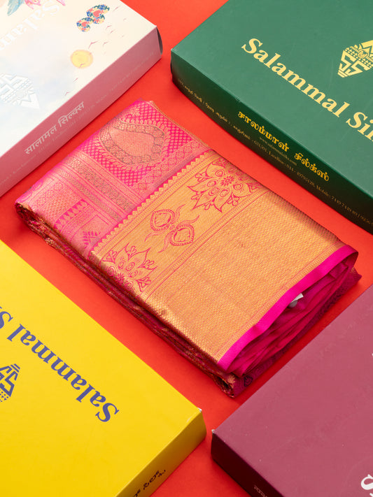 Meenakari work Pink Pure Kanjivaram Silk Saree (2G) Zari With Gold Zari Border