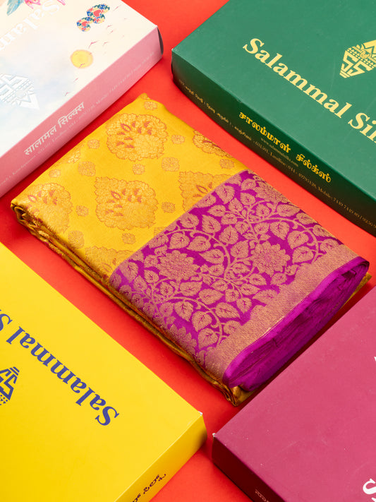 Mustard Yellow Bridal Pure Kanjivaram Silk Saree With Magenta Border