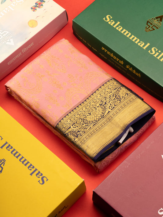 Baby Pink Bridal Pure Kanjivaram Silk Saree With Navy Blue Border