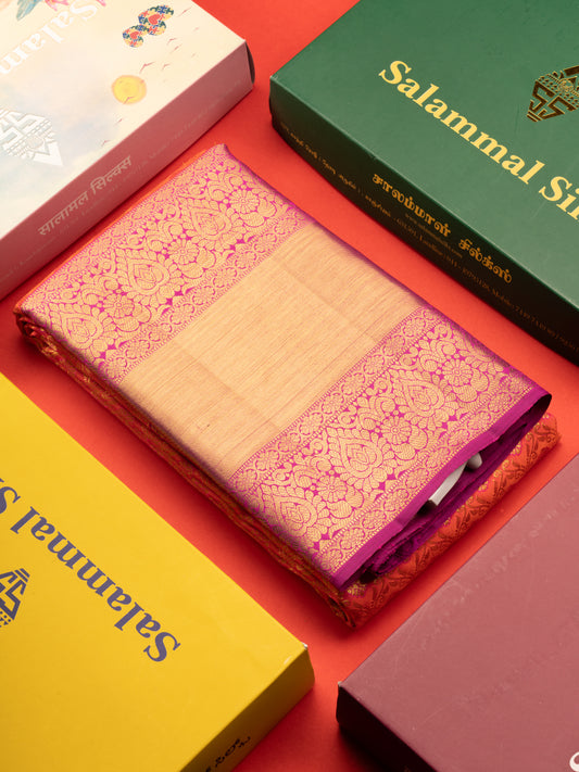 Reddish Pink Meena Work Bridal Pure Kanjivaram Silk Saree With Violet Long Border