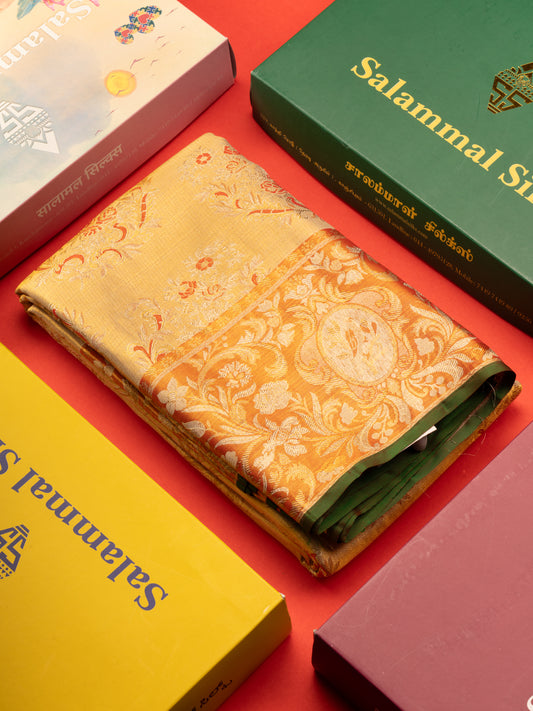 Gold Tissue Bridal Pure Kanjivaram Silk Saree With Contrast Tomato Red Border