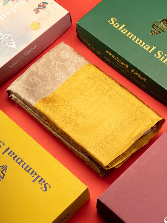 Light Chocolet Tissue Bridal Pure Silk Saree With Mustard Yellow Evining Morning Border