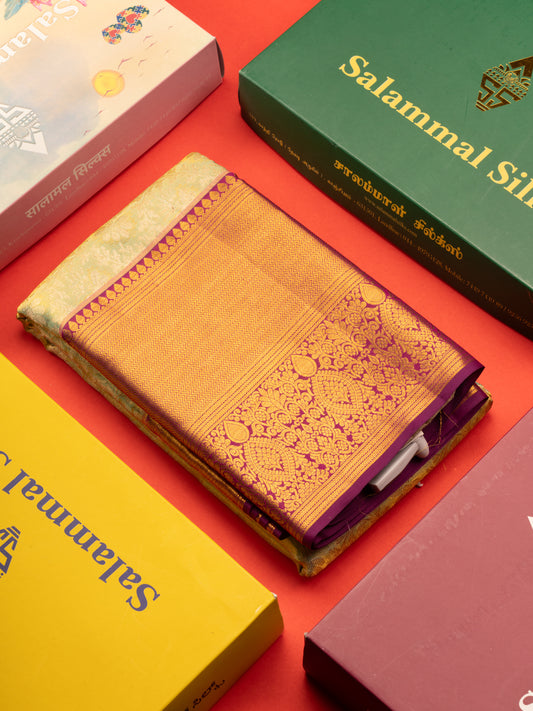 Korvai Elaichi Green Beautiful Tissue Bridal Pure Silk Saree With Magenta Border