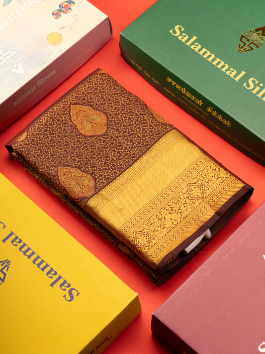 Dark Brown Colour Kanjivaram Pure Silk Saree with Gold Zari Border