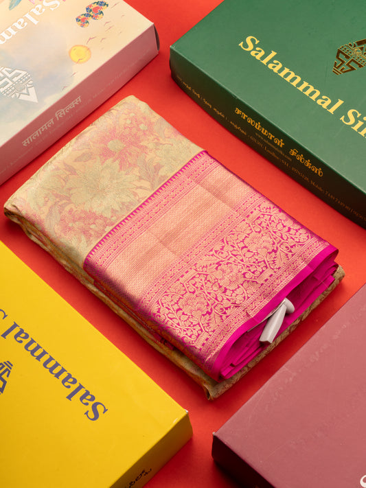 Multicolour Pure Kanjivaram Silk Saree with Pink Border