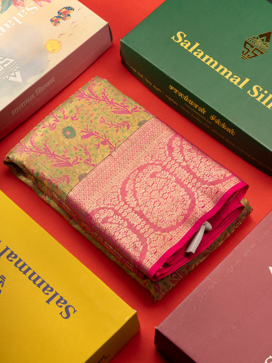 Green Colour Pure Kanjivaram Tissue Silk Saree with Pink Border