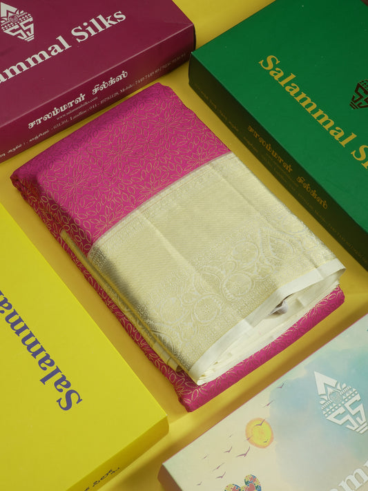 Korvai Magenta Pink Beautiful Bridal Pure Kanjivaram Silk Saree With Half White Border