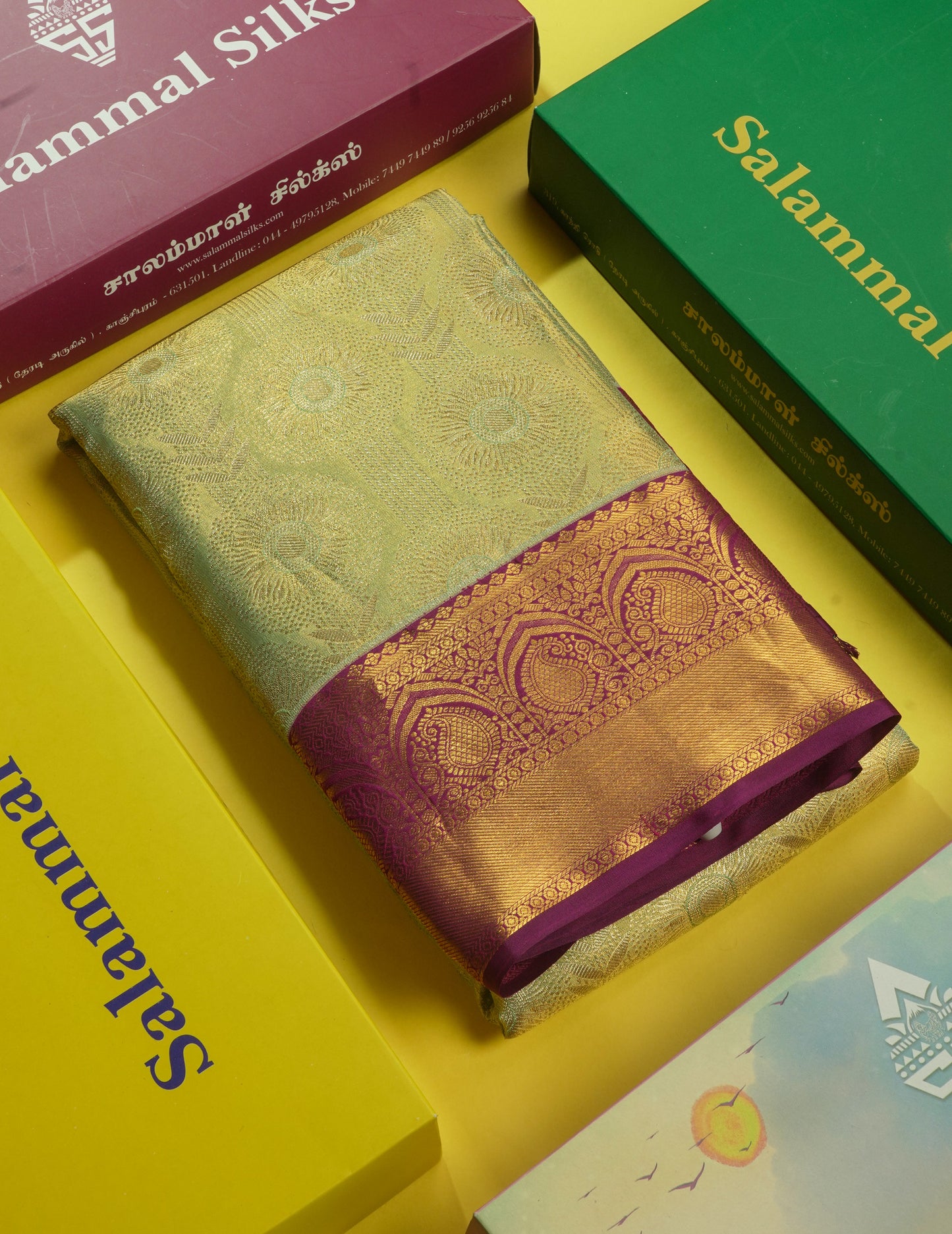 Korvai Pista Green Beautiful Tissue Bridal Pure Silk Saree With Magenta Border