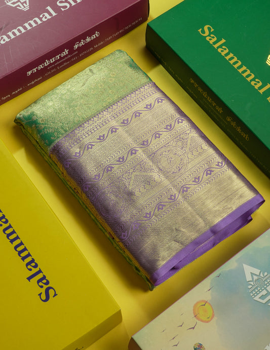Beautiful Rexona Green Tissue Bridal Pure Kanjvaram Silk Saree With Lavander Border