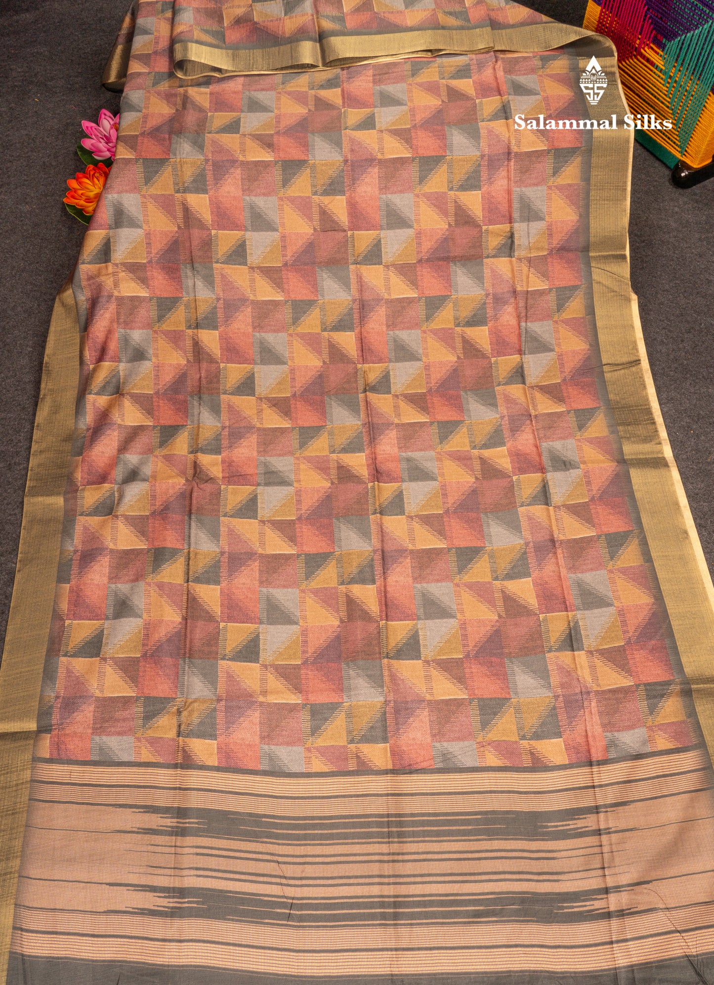 Brown Semi Tussar Fancy Saree With Gold Border
