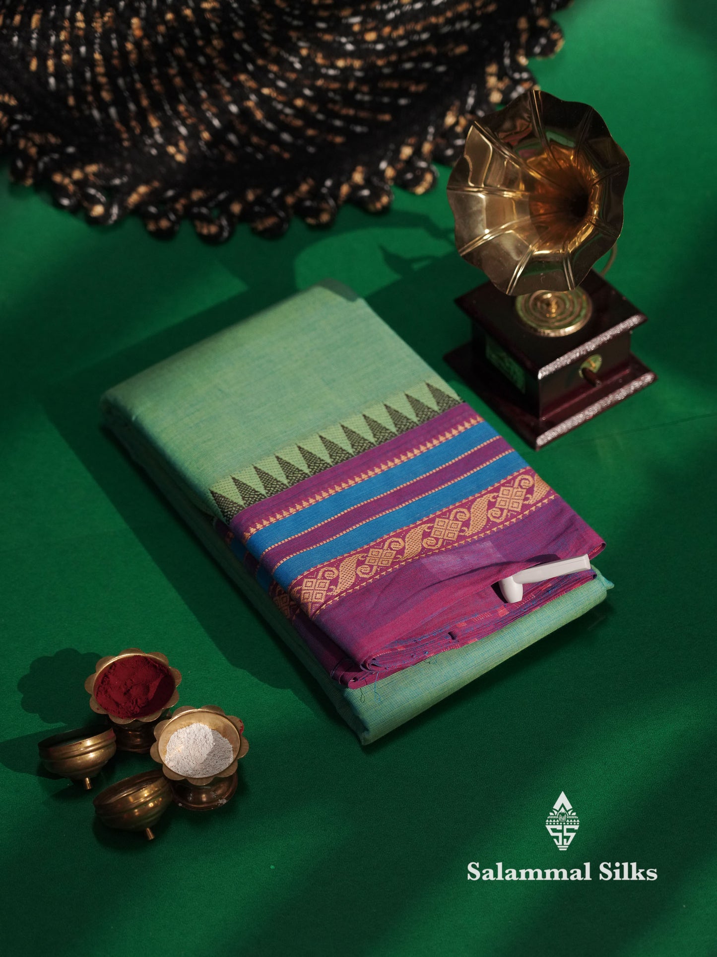 Beautiful Grey Plain Pure Chettinad Cotton Saree With Black Thread Work Border