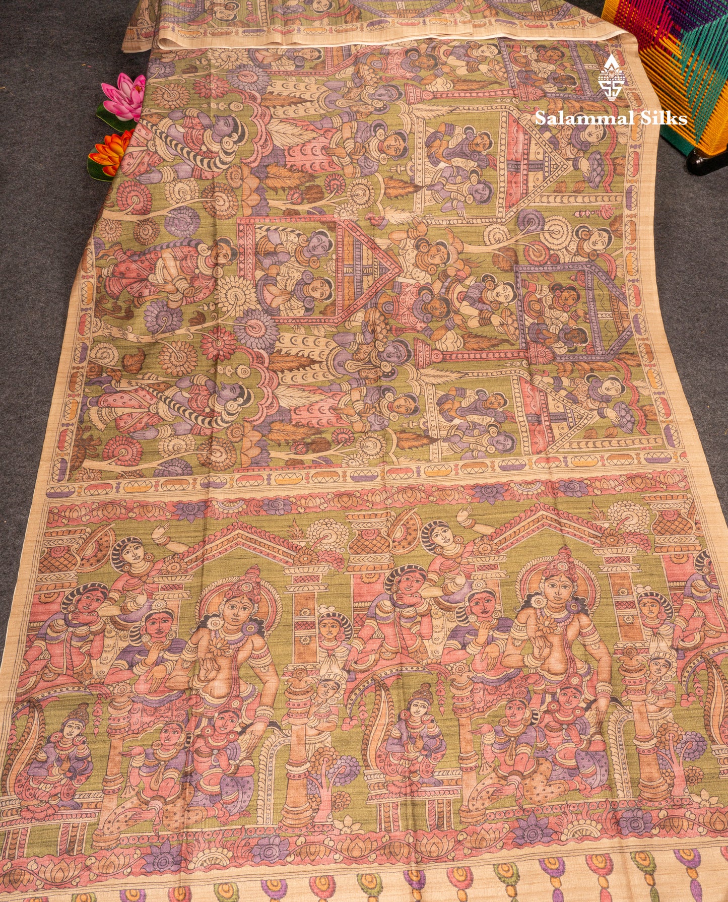 Purple Kalamkari Design Semi Tussar Fancy Saree With Contrast Sandal Blouse