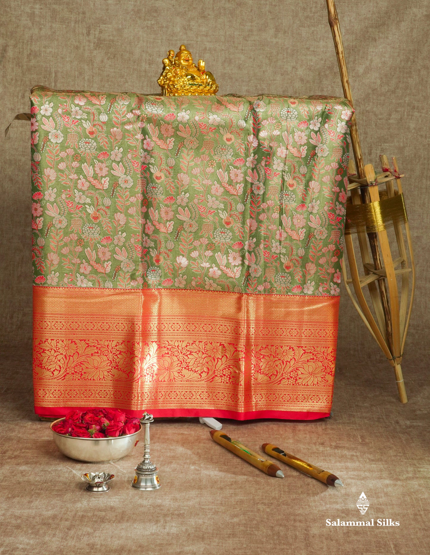 Semi Silk Pattu Pavadai Tissue ( Green ) With Red Blouse 36"