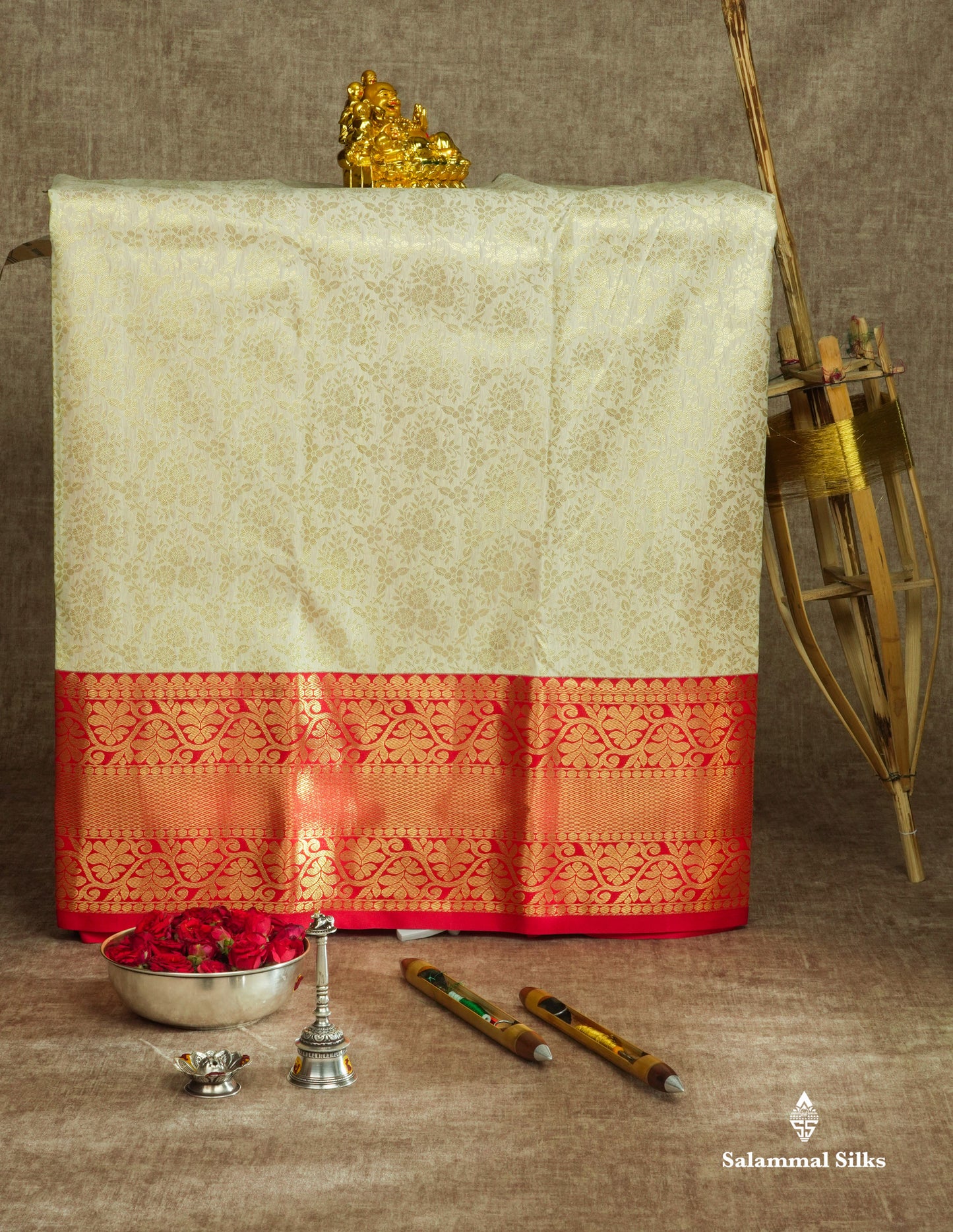 Semi Silk Pattu Pavadai ( Half White ) With Chilly Red Blouse 36"