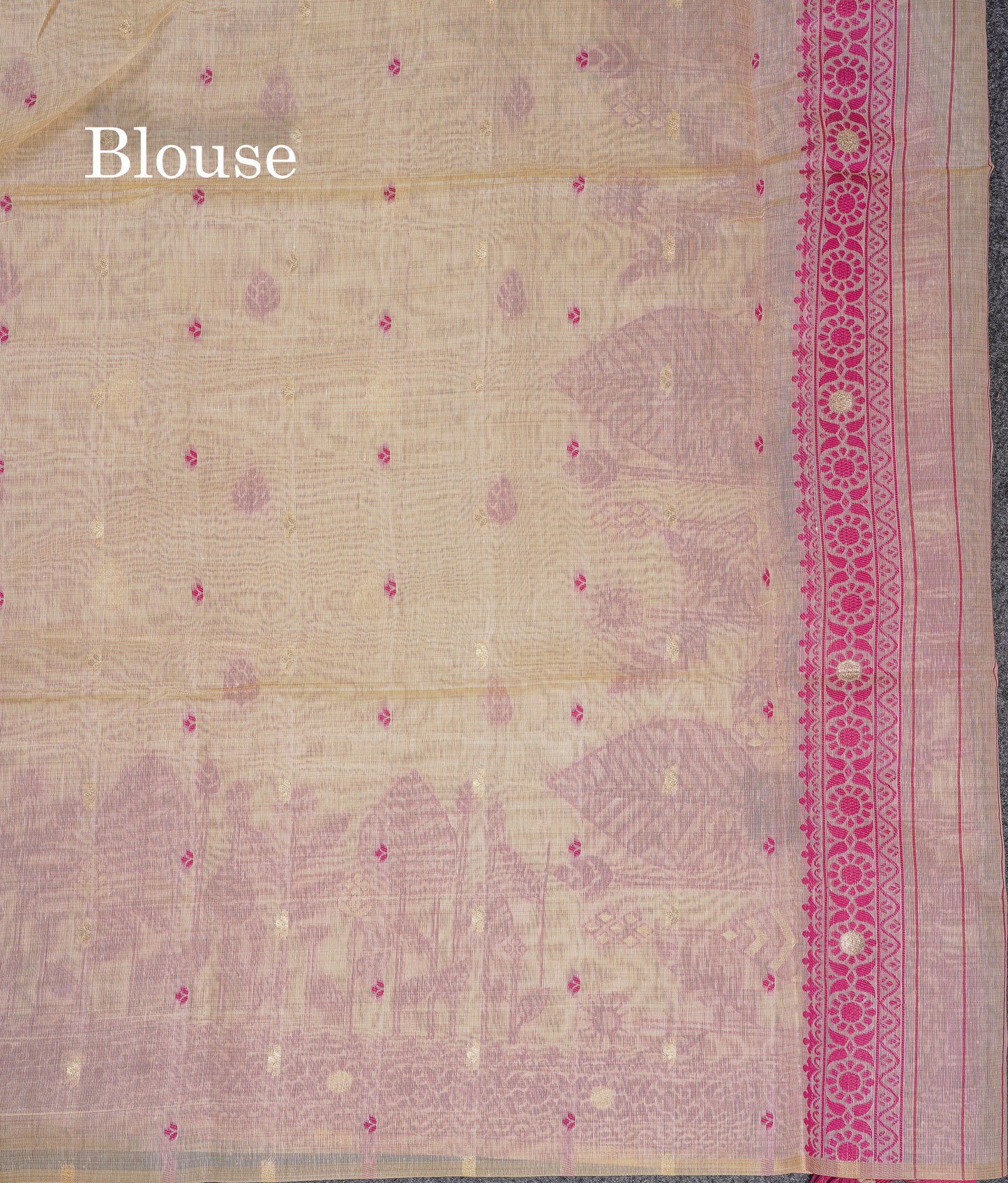 Beautiful Cream Sandal Thread Work Butta Cotton Mix Saree With Contrast Magenta Fancy Border