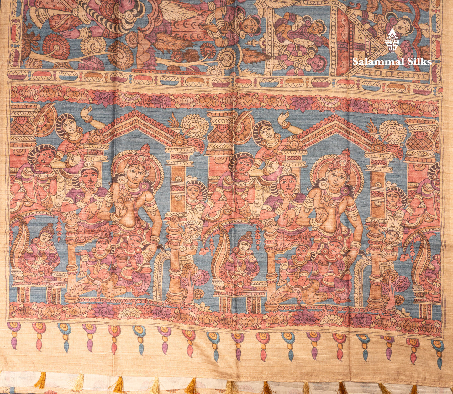 Purple Kalamkari Design Semi Tussar Fancy Saree With Contrast Sandal Blouse