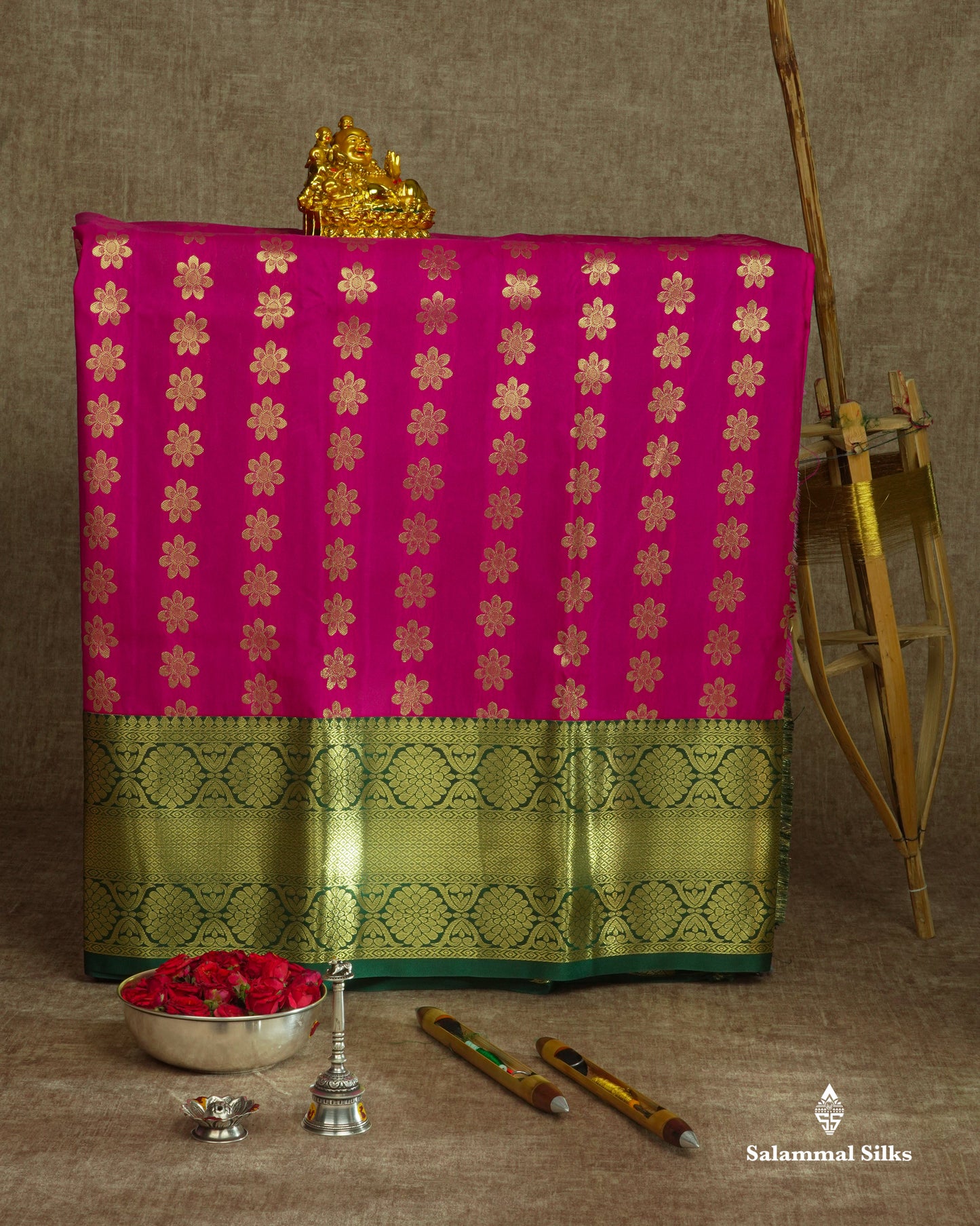 Semi Silk Pattu Pavadai ( Magenta Pink ) With Bottle Green Blouse 36"