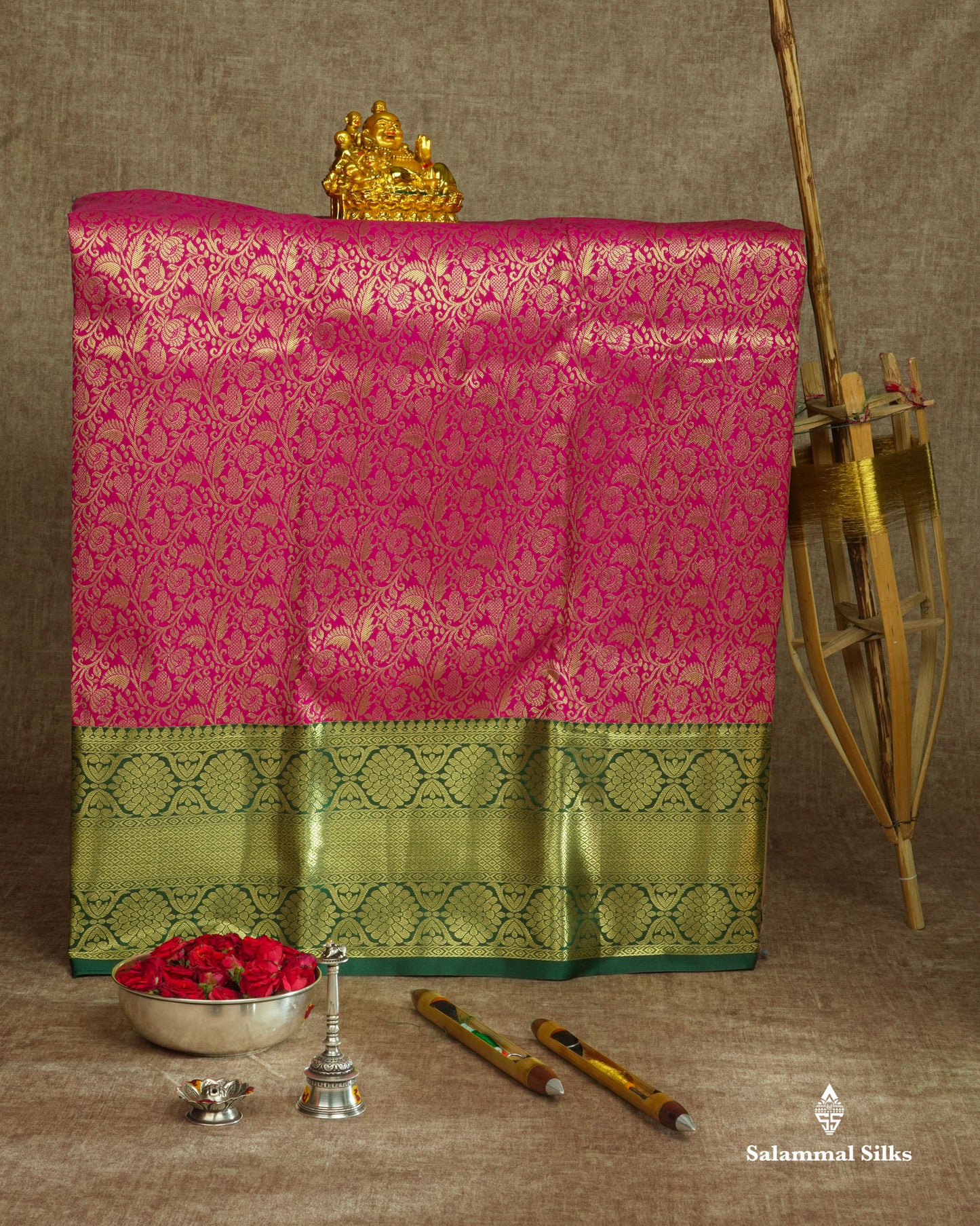 Semi Silk Pattu Pavadai ( Magenta ) With Bottle Green Blouse 36"