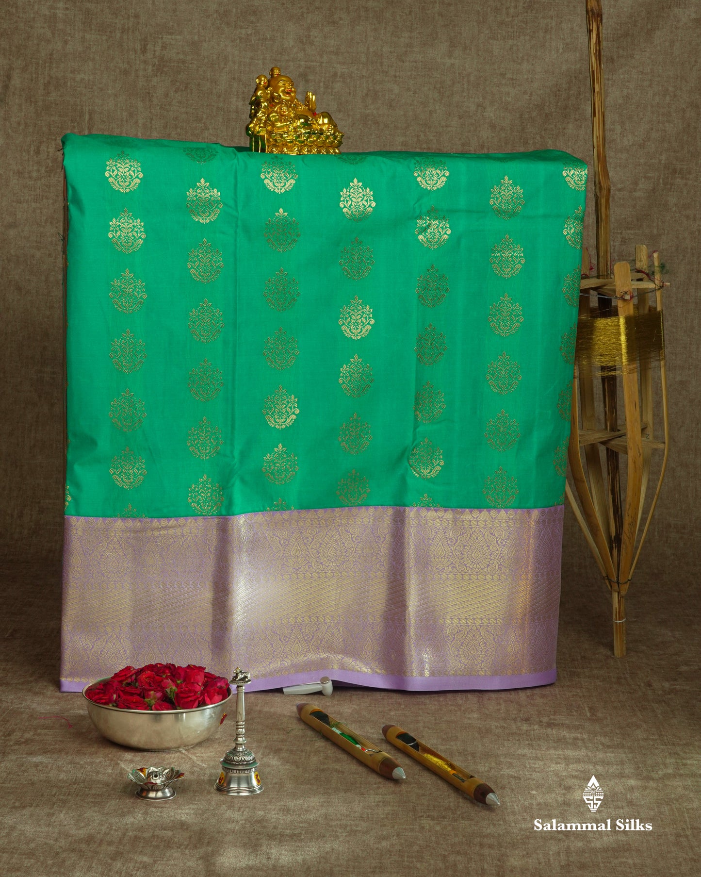 Semi Silk Pattu Pavadai ( Saffire Green ) With Lavender Blouse 36"