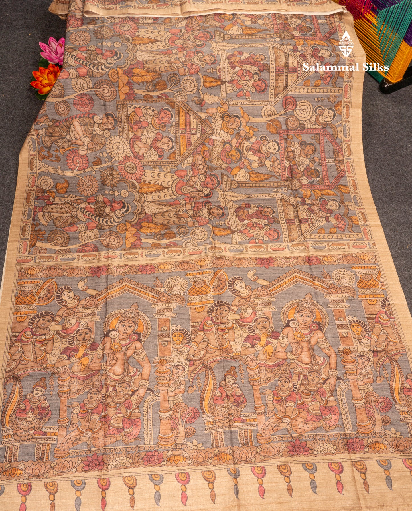 Purple Kalamkari Design Semi Tussar Fancy Saree With Contrast Sandal Blouse