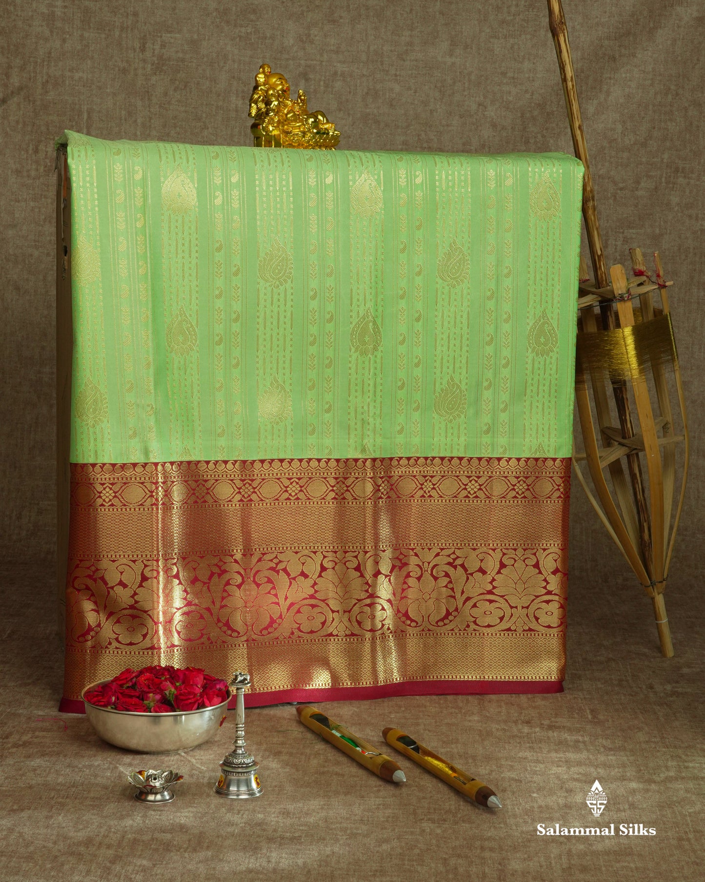 Semi Silk Pattu Pavadai (Pista Green) With Maroon Blouse 45 "