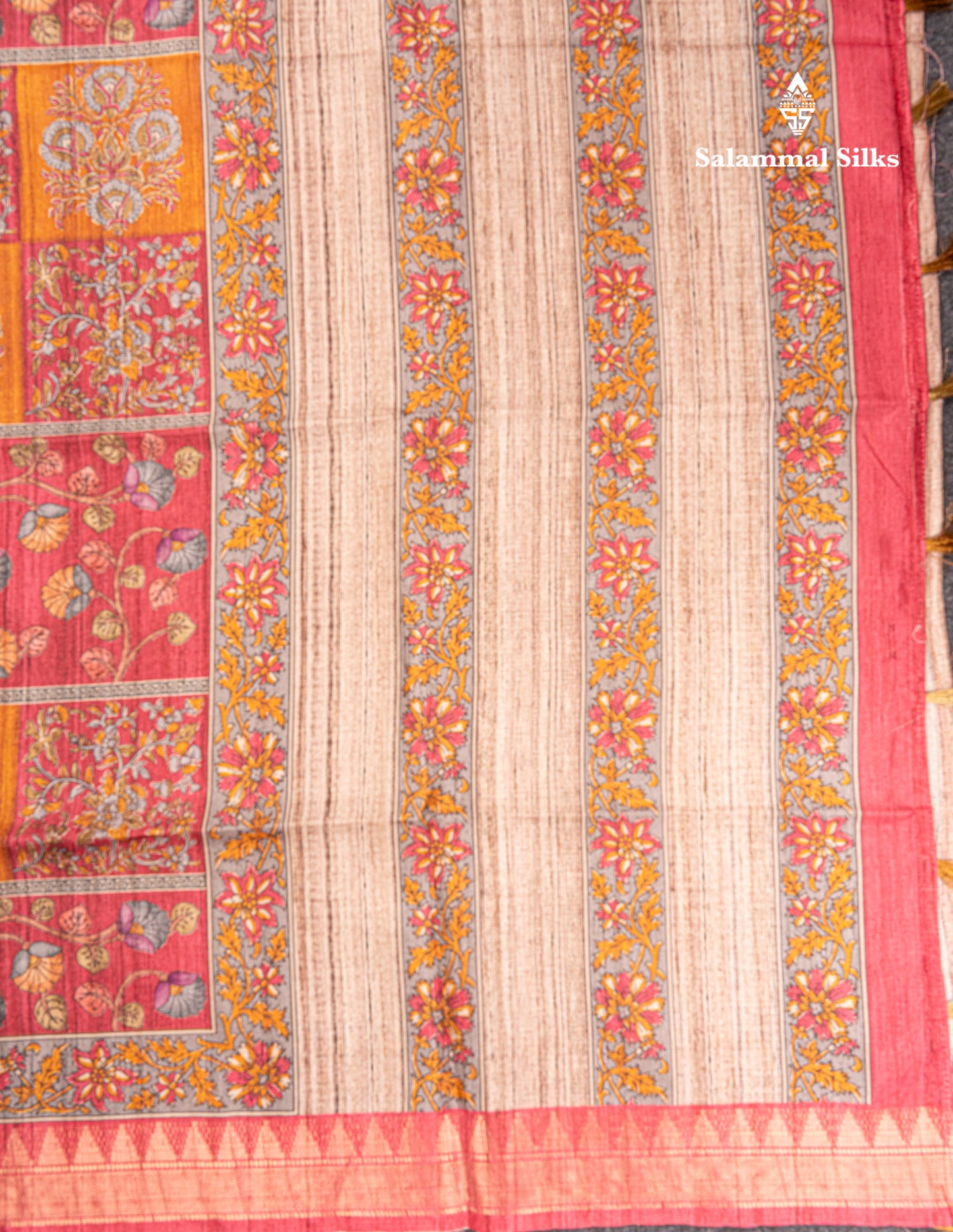 Mustard Yellow Semi Tussar Fancy Saree With Contrast Pink Shade Border