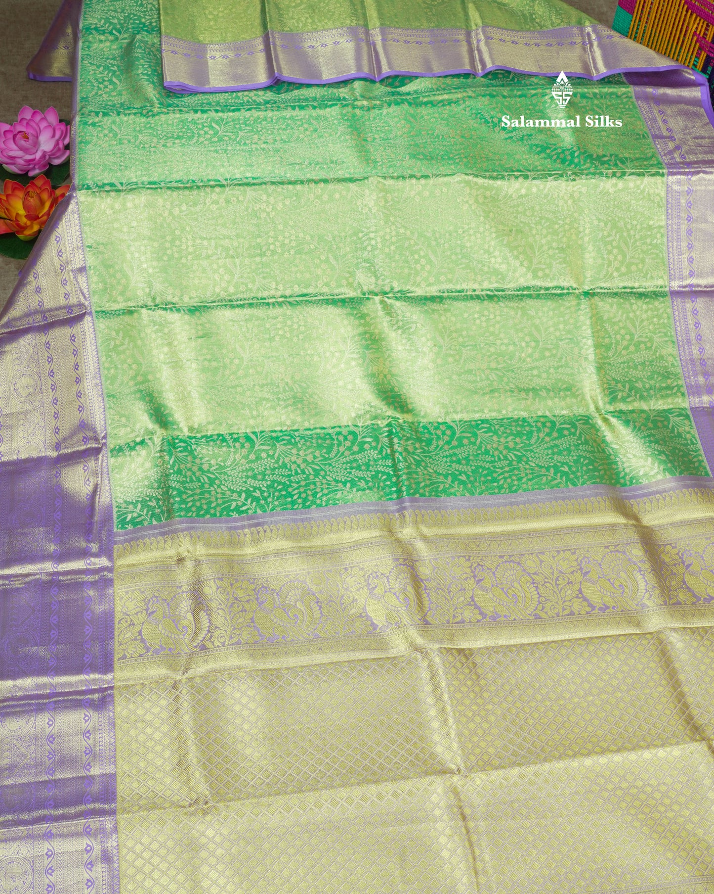 Beautiful Rexona Green Tissue Bridal Pure Kanjvaram Silk Saree With Lavander Border