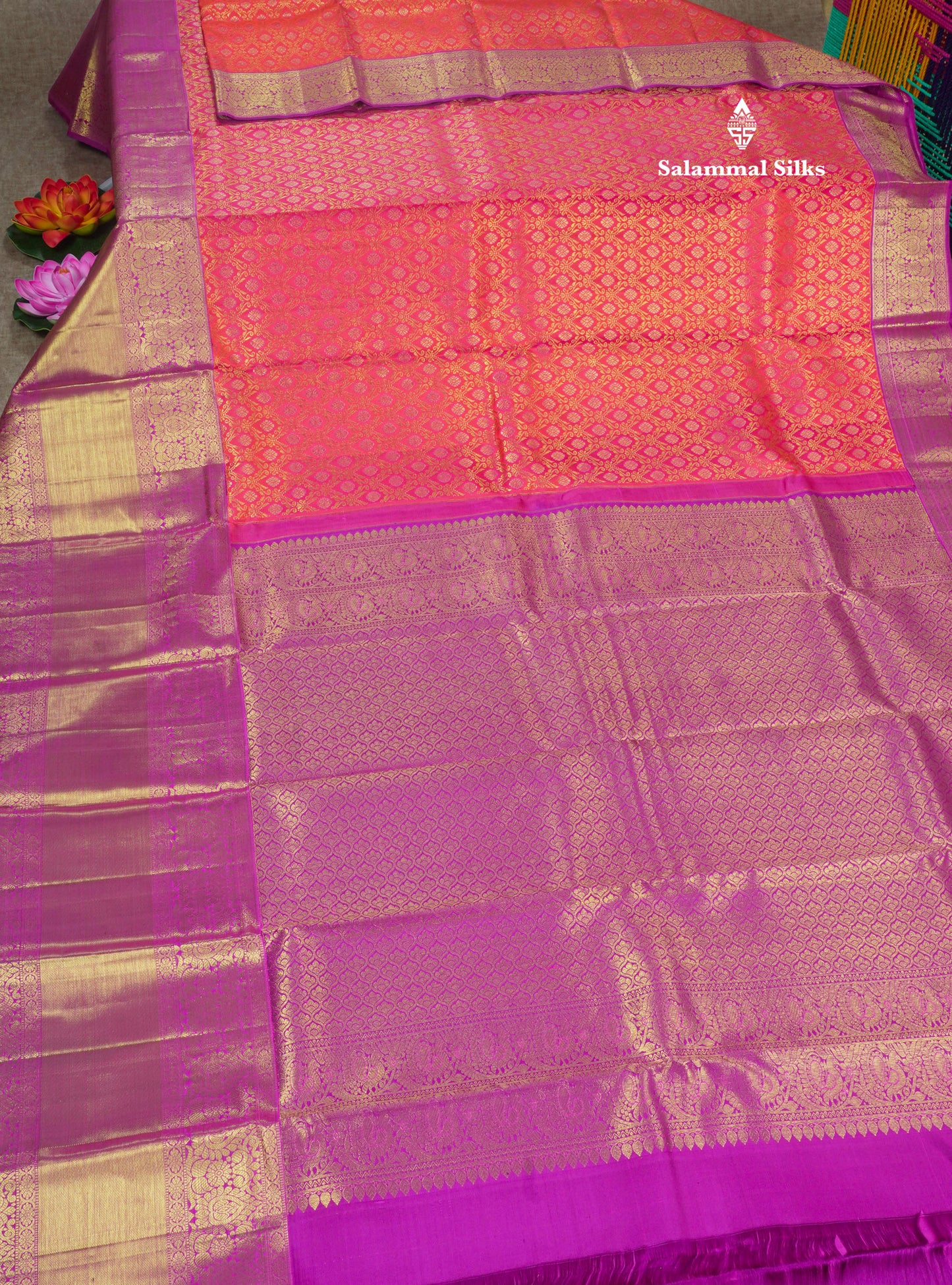 Reddish Pink Meena Work Bridal Pure Kanjivaram Silk Saree With Violet Long Border