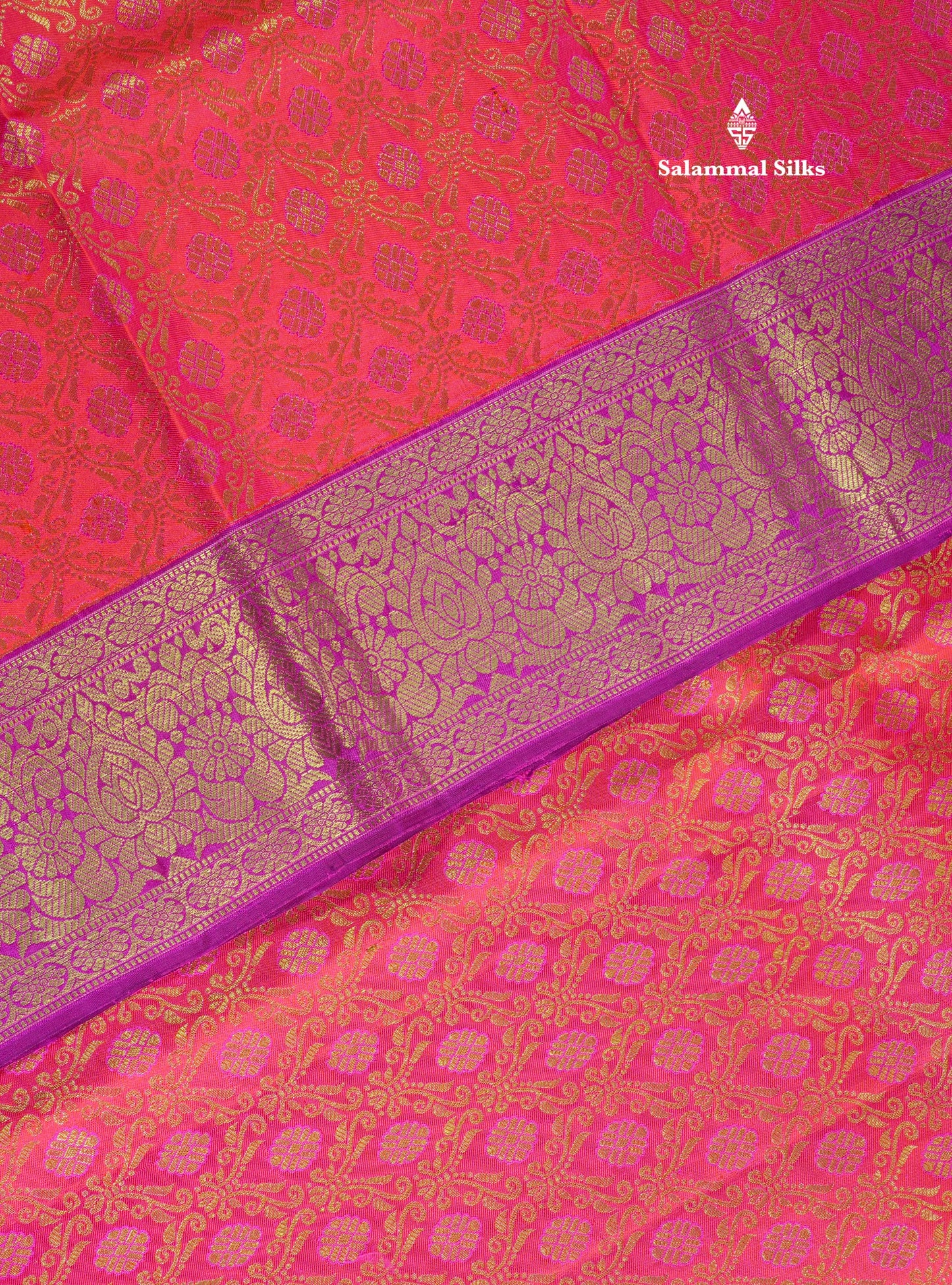 Reddish Pink Meena Work Bridal Pure Kanjivaram Silk Saree With Violet Long Border