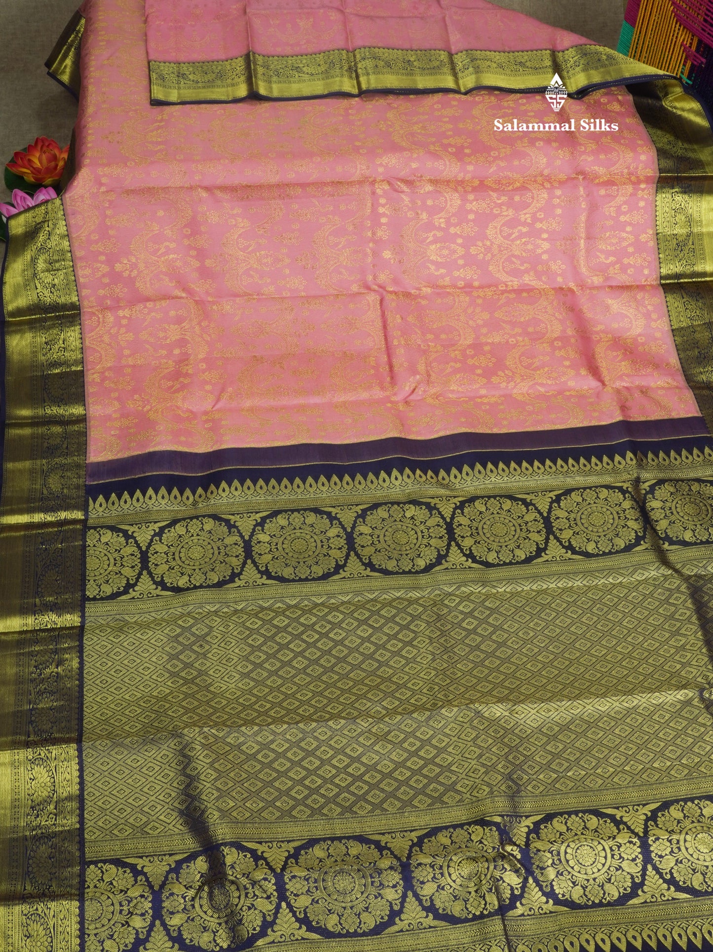 Baby Pink Bridal Pure Kanjivaram Silk Saree With Navy Blue Border