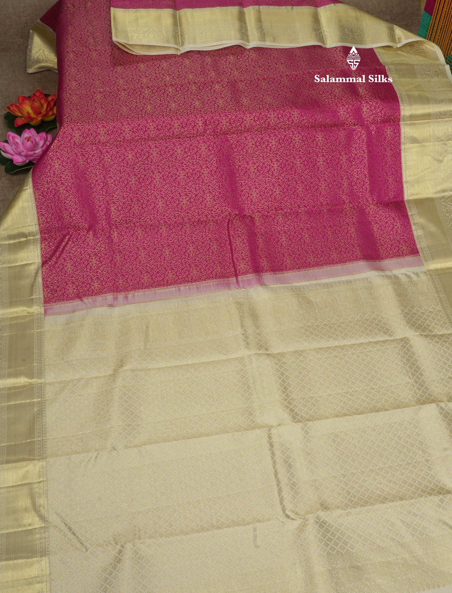 Korvai Magenta Pink Beautiful Bridal Pure Kanjivaram Silk Saree With Half White Border