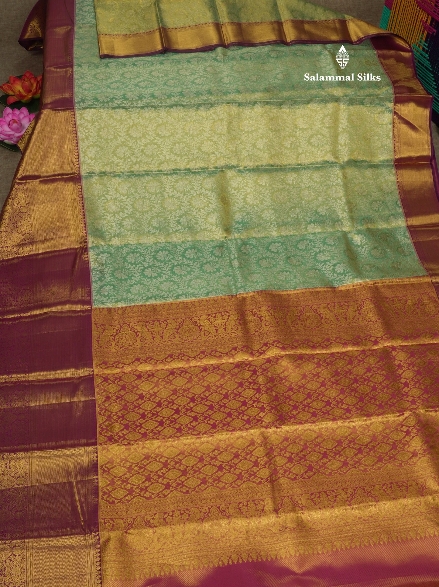 Korvai Elaichi Green Beautiful Tissue Bridal Pure Silk Saree With Magenta Border