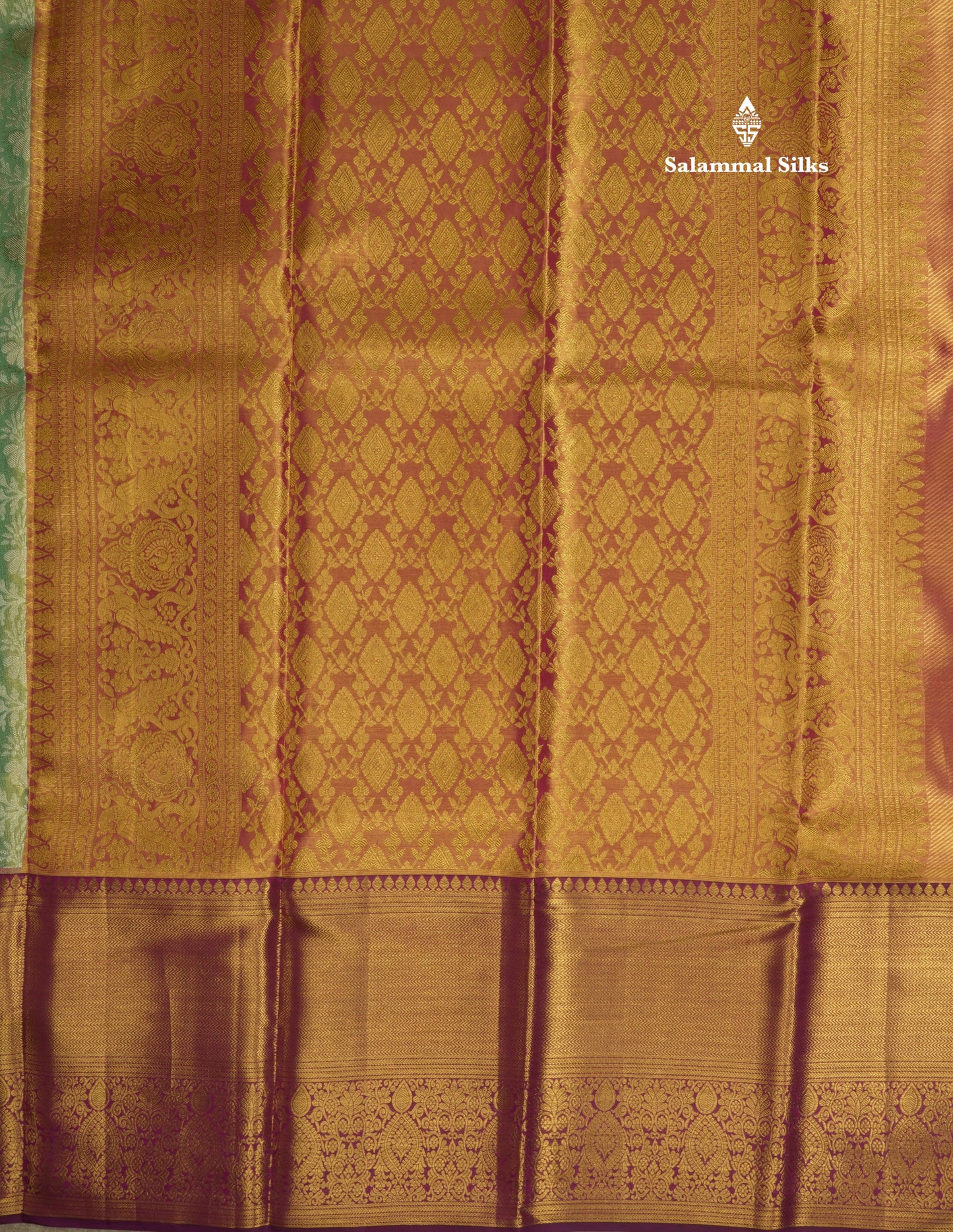 Korvai Elaichi Green Beautiful Tissue Bridal Pure Silk Saree With Magenta Border